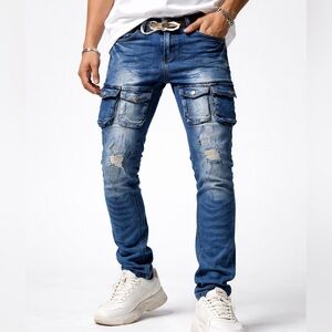 THRT men’s Cargo Distressed paint splatter Skinny Jeans Blue Denim size 28